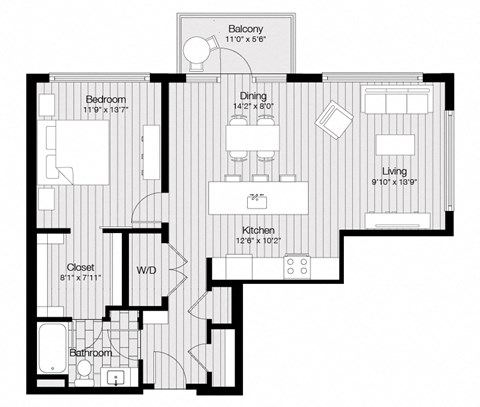 Floor plan for 1 bed, 1 bath, 915 sqft